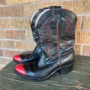 TEXAS AMERICAN MADE sz 2D Leather Cowboy Boots Youth Kids Black & Red